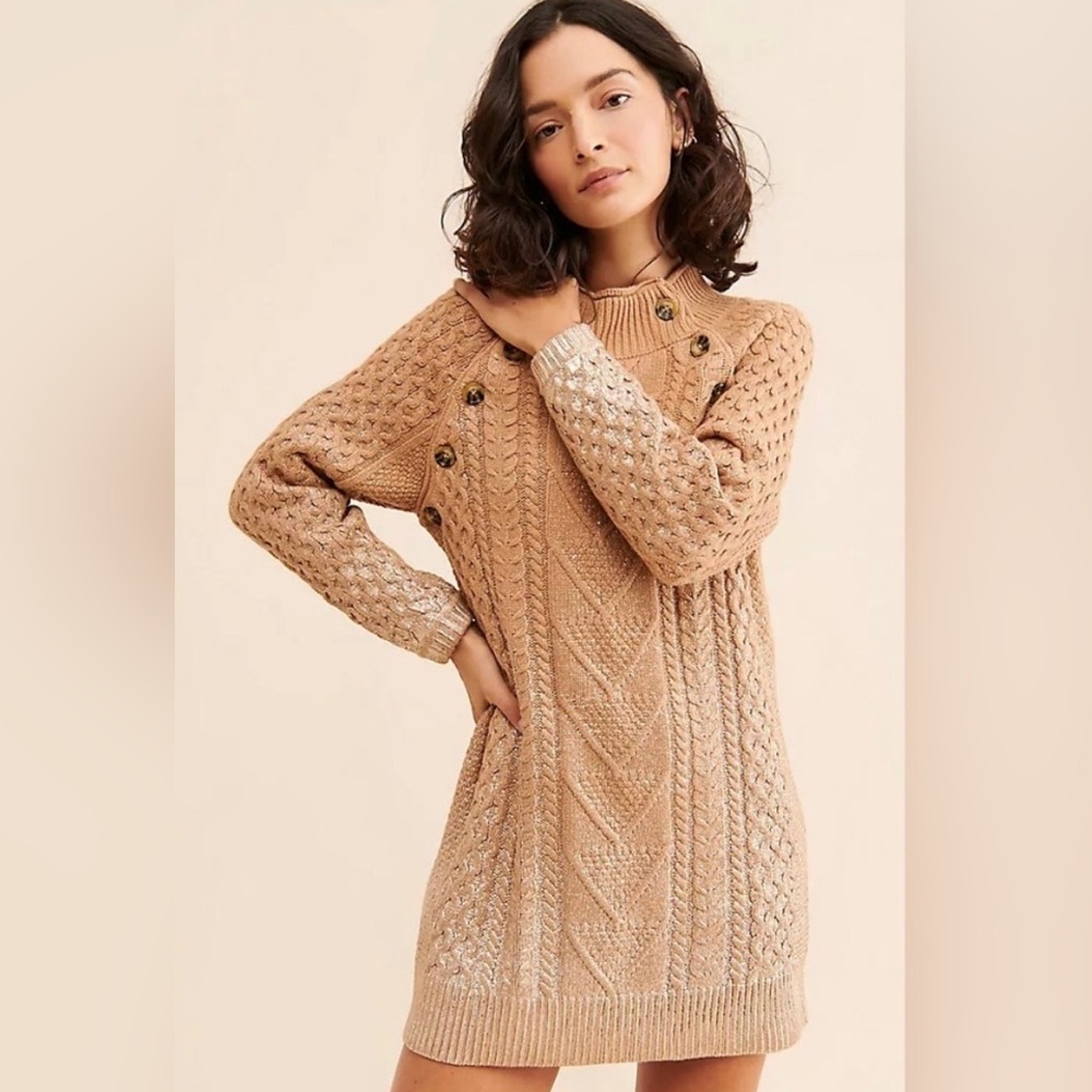 Anthropologie Pilcro Cable Knit Fisherman Metallic Sweater Tunic Dress Size XS